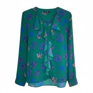 Eclair Green Abstract Print Ruffle Front Blouse | Size L